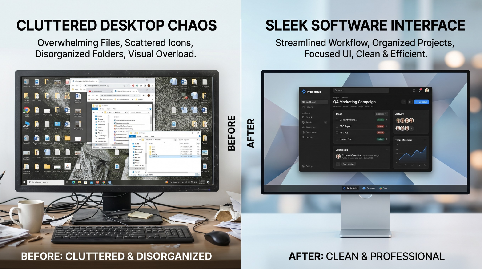 Side-by-side comparison of a messy desktop vs a clean, professional software window
