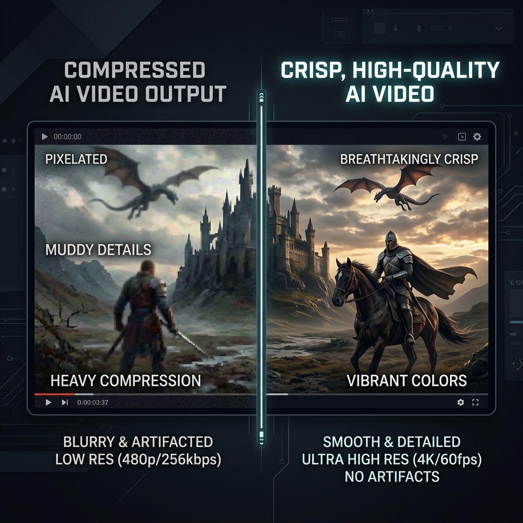 A side-by-side visual comparing a muddy, compressed AI video recording vs a crisp, vibrant, lossless capture