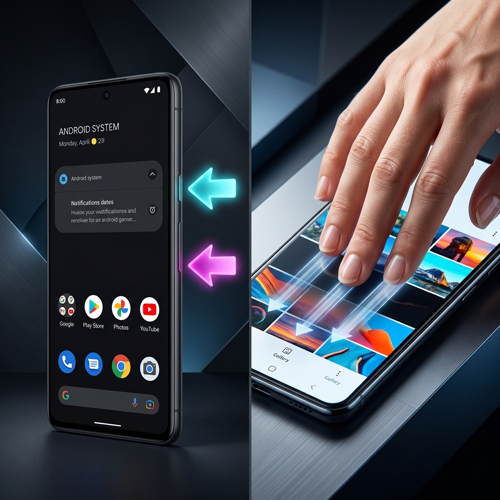 Side-by-side comparison of Android power/volume down buttons capture and three-finger swipe gesture.
