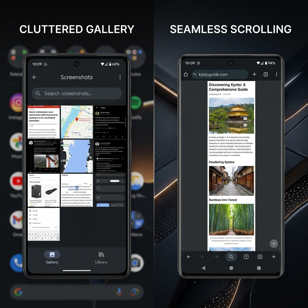 Side-by-side comparison of a cluttered photo gallery of screenshots vs a single seamless full-page scrolling capture on an Android display.