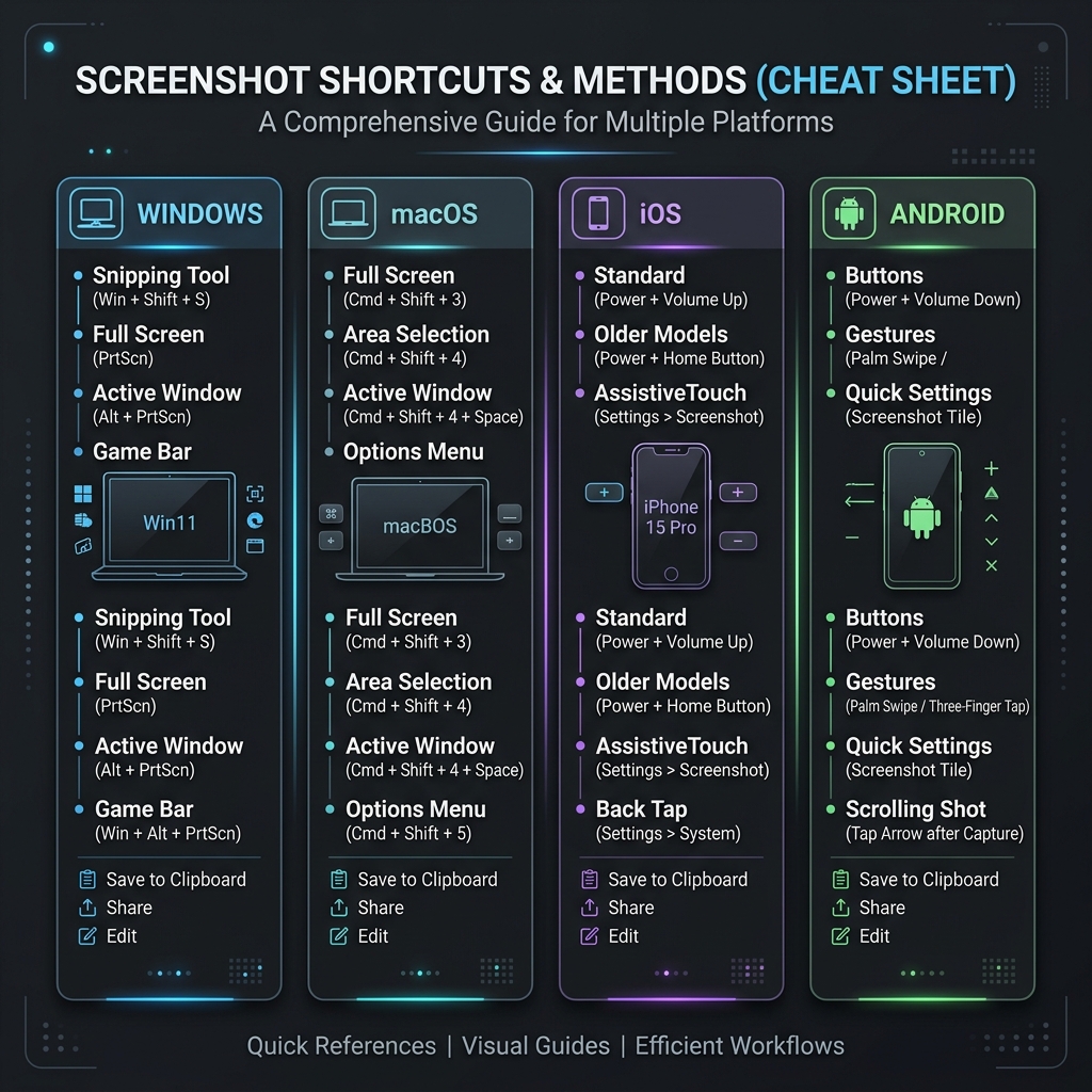 Sleek infographic cheat sheet displaying screenshot shortcuts and methods across multiple platforms: Windows, macOS, iOS, and Android.