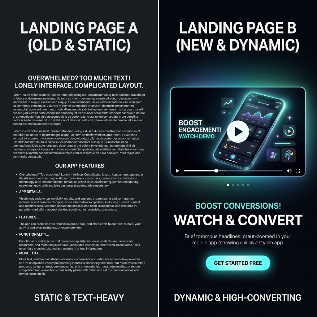 A side-by-side visual of a boring text-heavy landing page vs a dynamic one with an engaging app explainer video player
