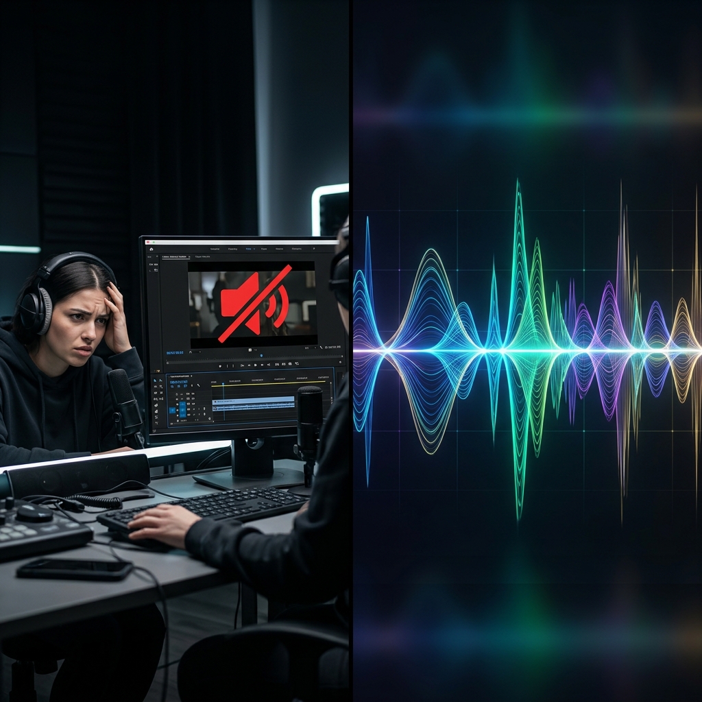 A split-screen visual showing a frustrated creator with a muted video vs a bright audio waveform proving sound is working