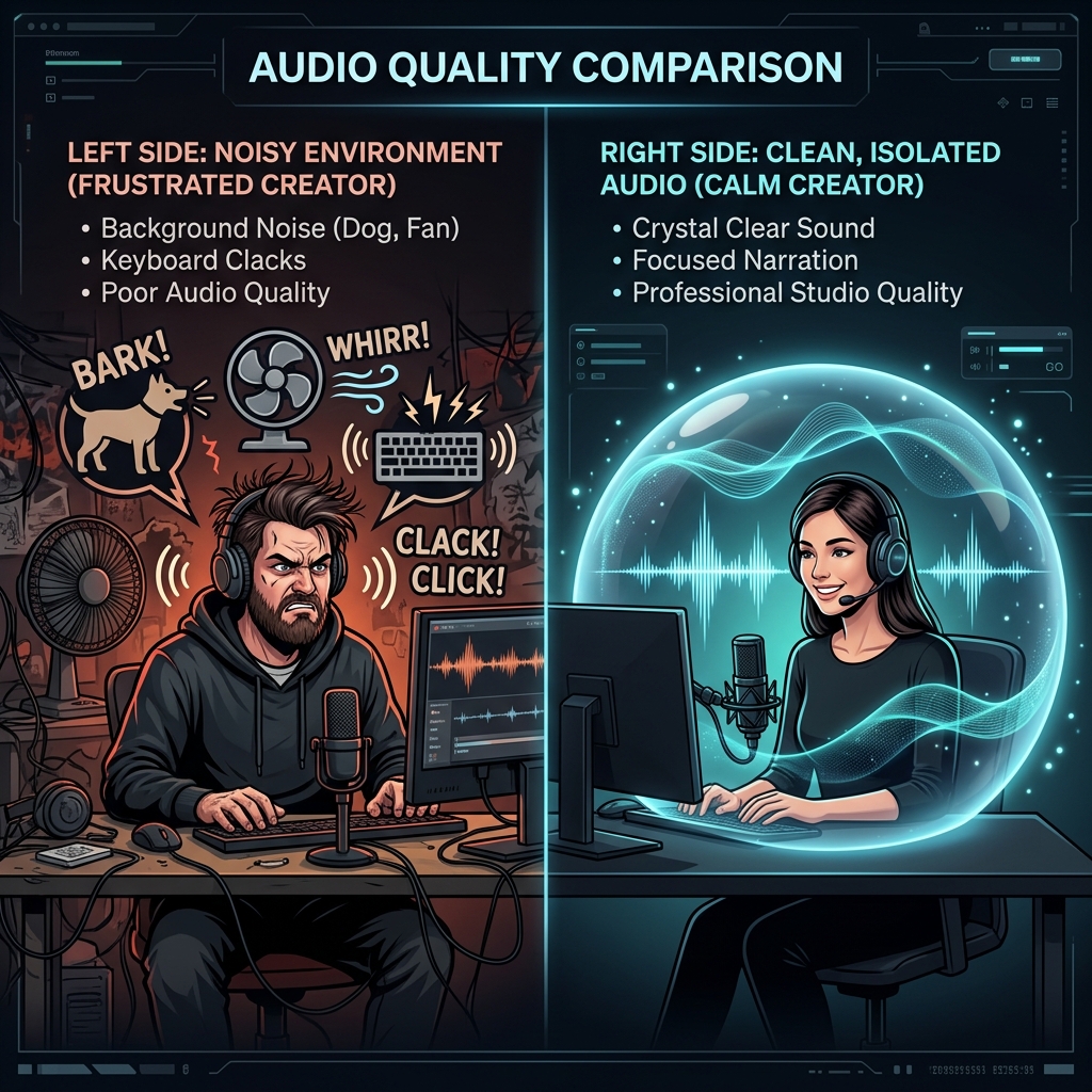 A split-screen comparison showing a frustrated creator in a noisy room vs a calm creator in an isolated bubble of clean audio