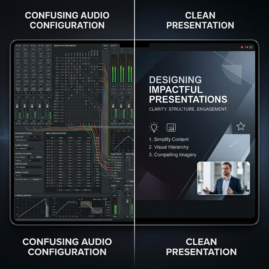 A split image contrasting a dense audio routing console with a clean finished presentation, representing simplified audio processing.