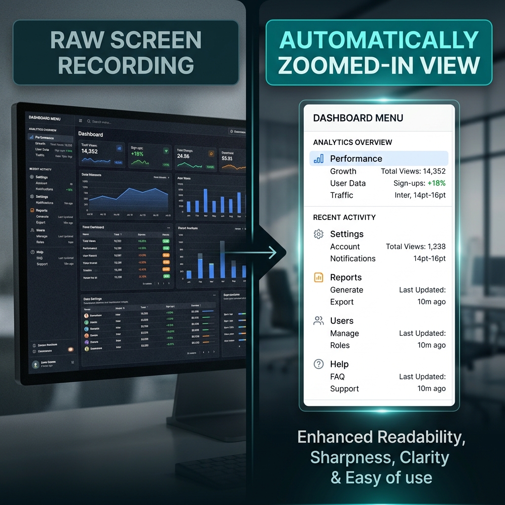 A side-by-side comparison of a raw, tiny-text web dashboard recording vs. a crystal-clear, automatically zoomed focus area.