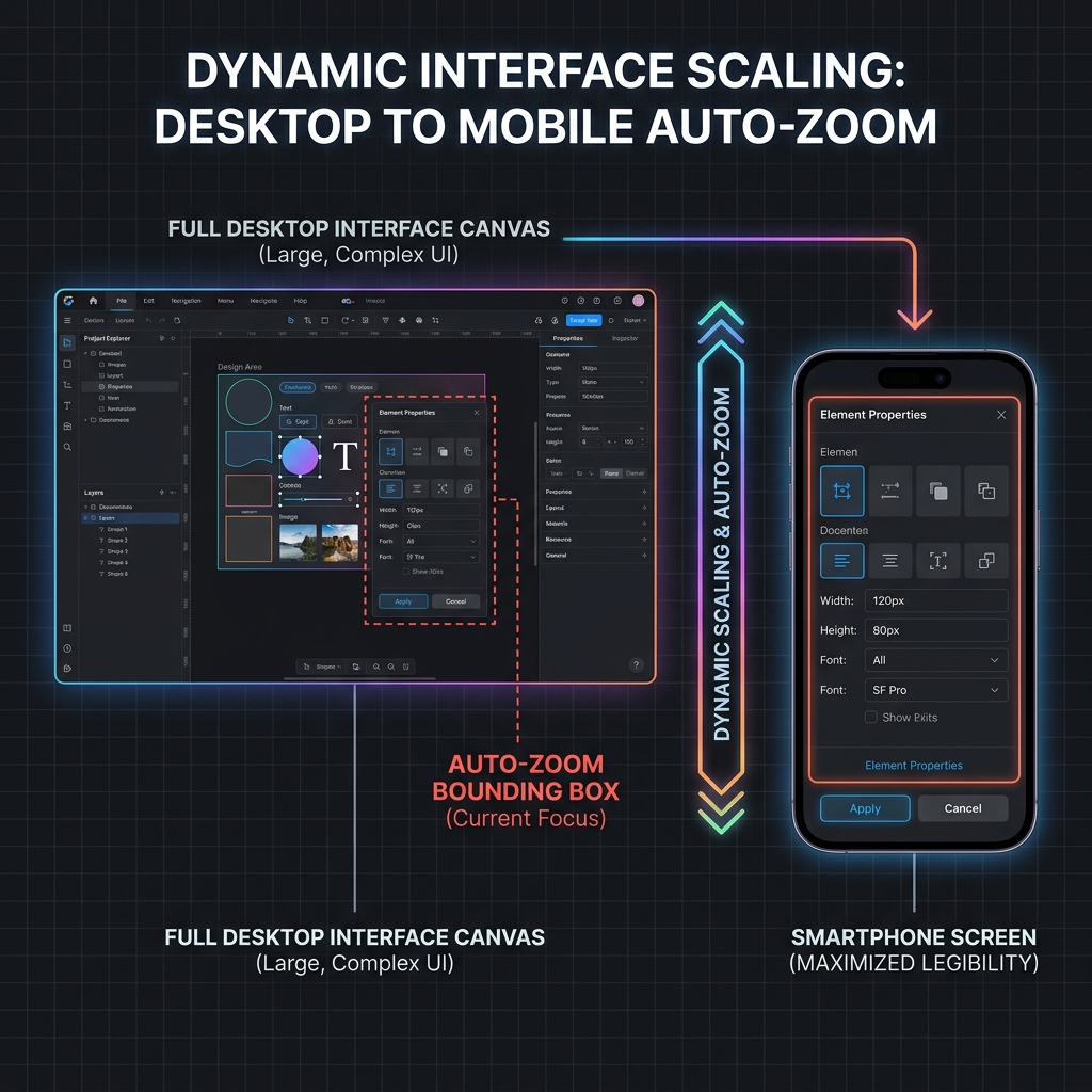 A clear diagram showing how a full 1080p desktop canvas is scaled dynamically via an auto-zoom bounding box to maximize phone viewport text clarity.