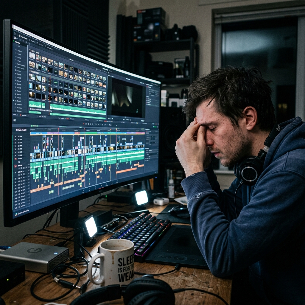 Stressed person staring at a complicated video editing timeline