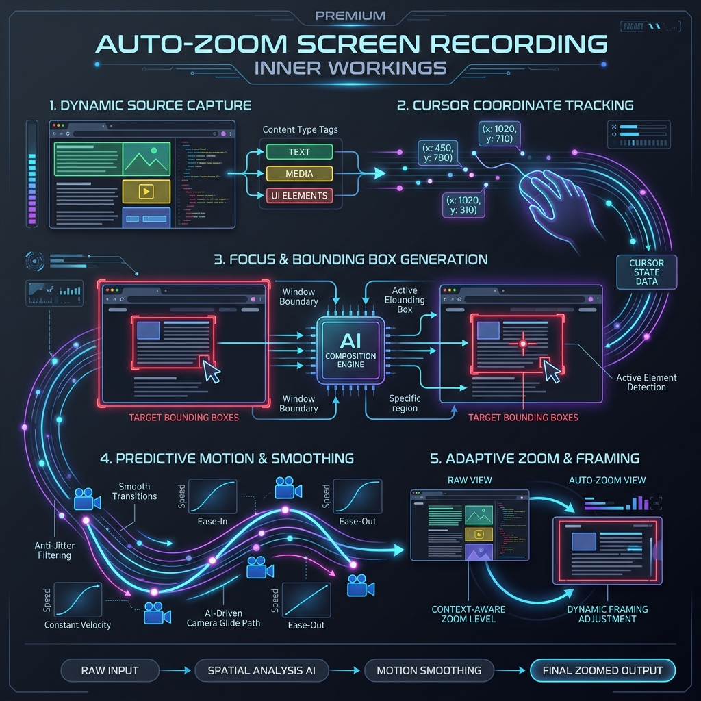 A premium dark mode infographic detailing the inner workings of auto-zoom screen recording. It shows cursor coordinates, window boundary boxes, and a smooth camera zoom glide path.