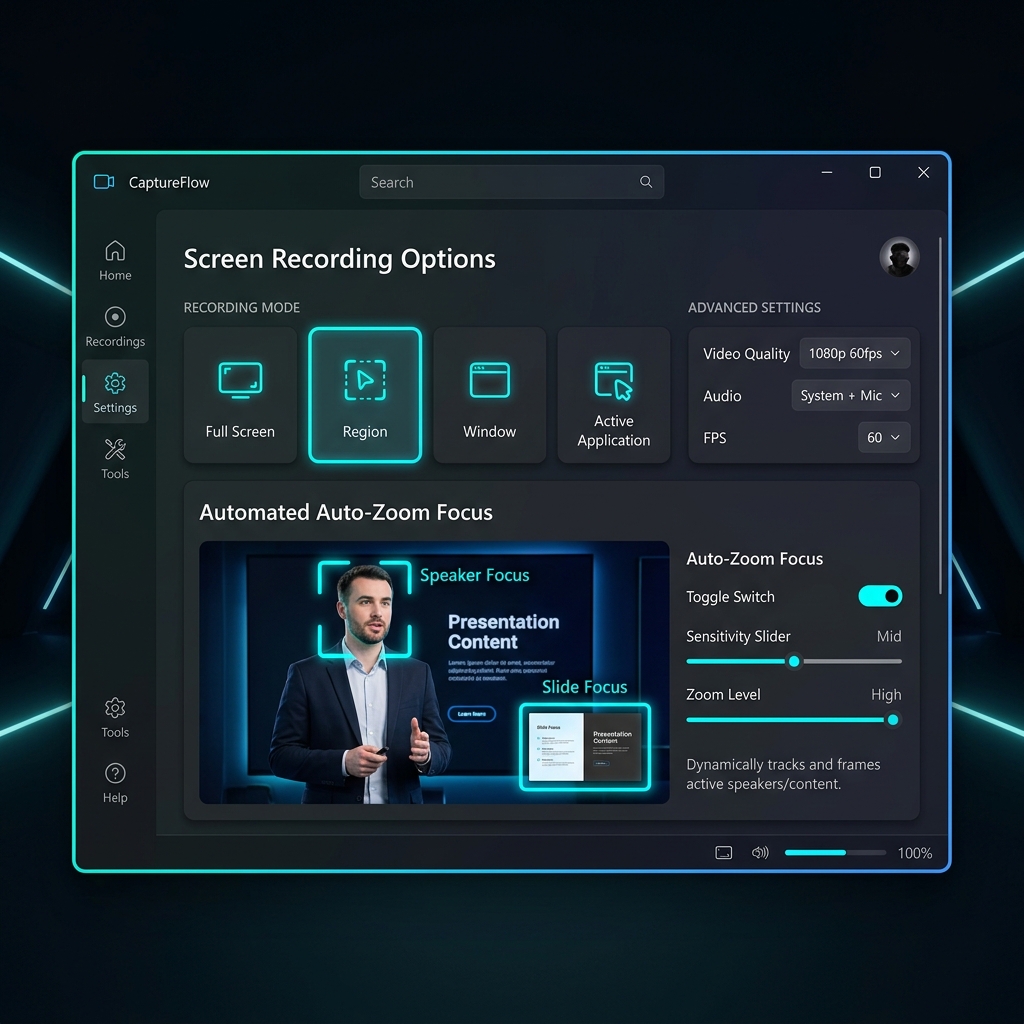 Screen recorder options in a Windows 11 layout with automatic zoom focus framing.