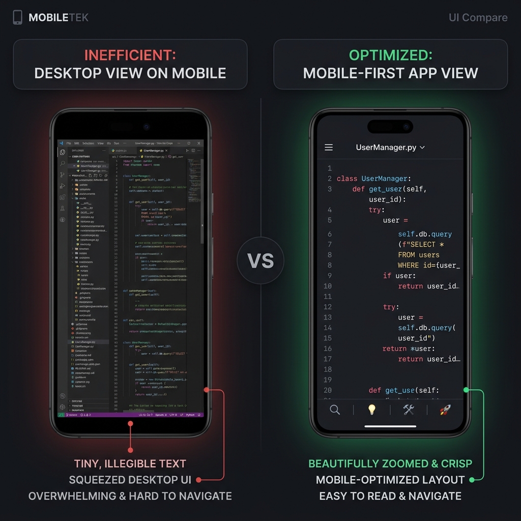 A premium split screen layout comparing a tiny, unreadable full-screen desktop capture squeezed onto a mobile phone frame on the left, and a beautifully zoomed, crop that sharply isolates a settings panel on the right.