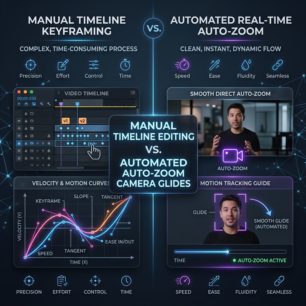 A comparison between manual timeline keyframe editing and automated real-time auto-zoom camera glides.