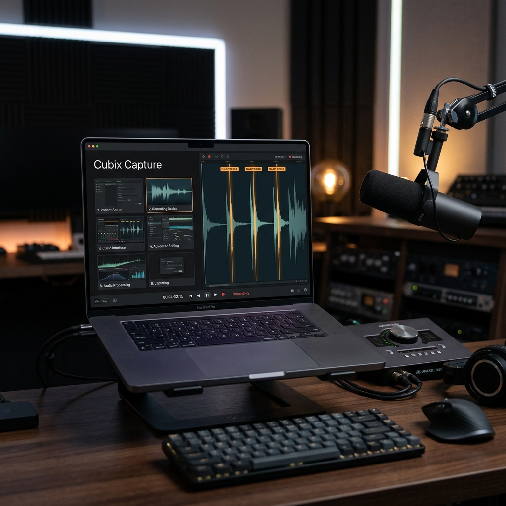 A premium and sleek dark mode screen recording workspace showing a grid layout of tutorial modules, an audio waveform with distinct clap spikes highlighted.