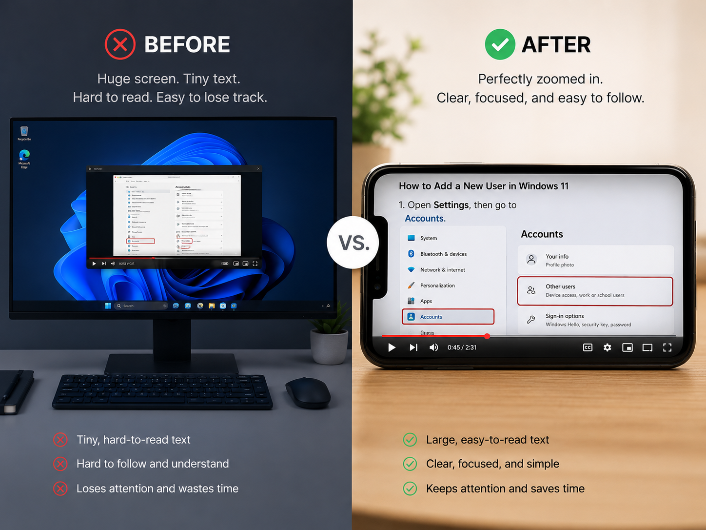 A split screen comparing a standard wide screen recording versus an auto-zoomed clear tutorial view.