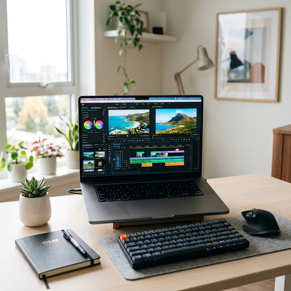 A modern, clean workspace featuring a MacBook Pro on a desk, with a bright, organized screen showing a video editing or presentation software.