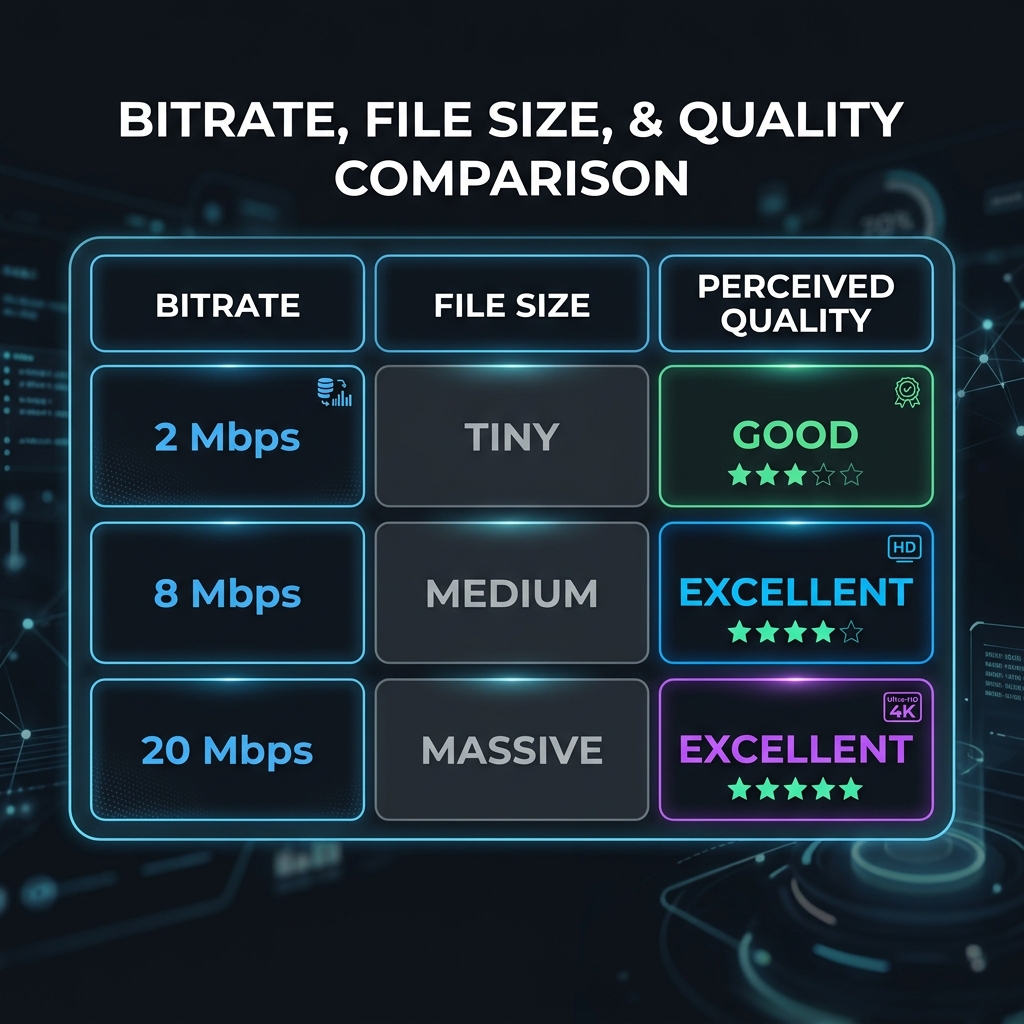 A table graphic comparing file size and perceived quality across different video bitrates