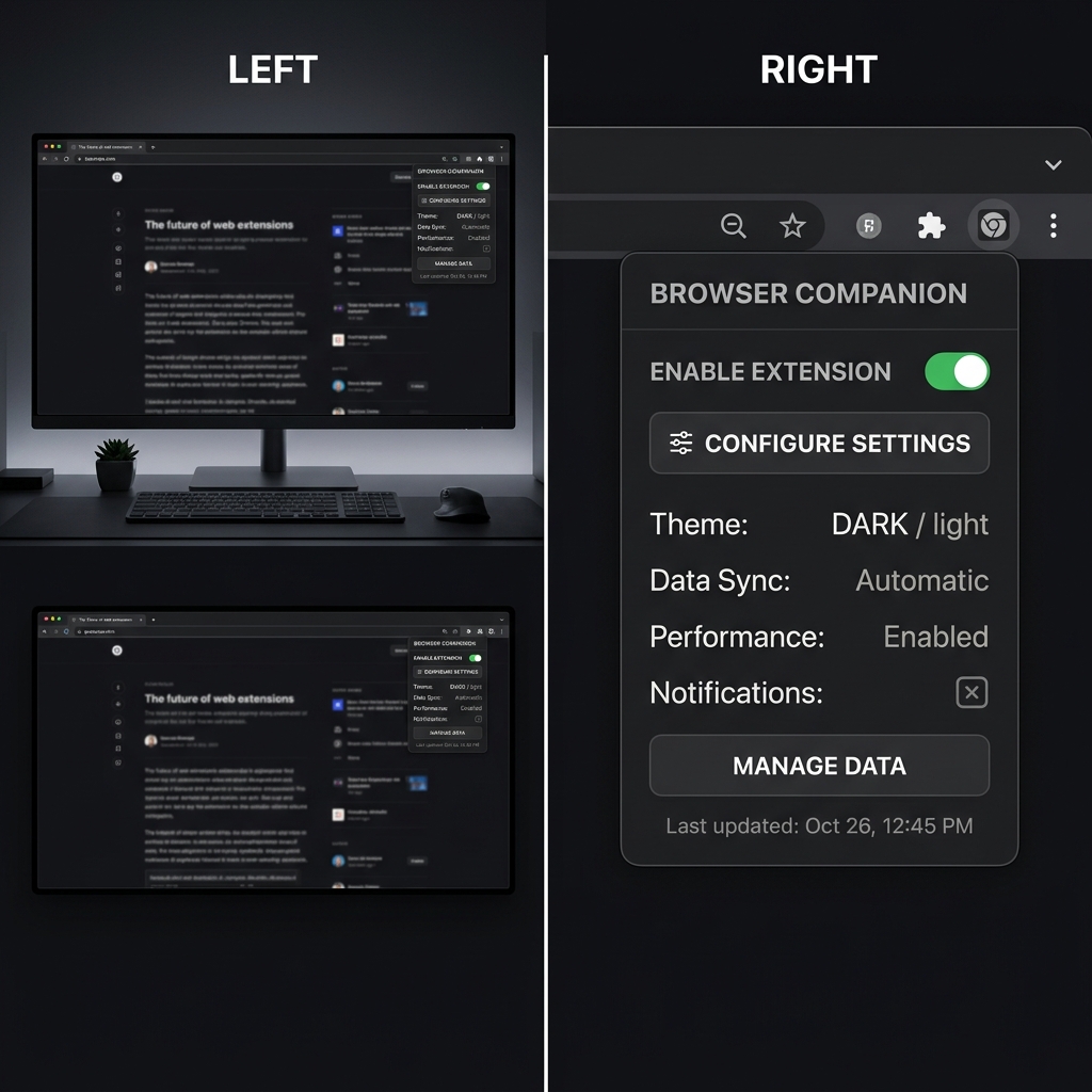 A split-screen comparison showing a full-screen recording vs a perfectly zoomed-in browser extension dropdown
