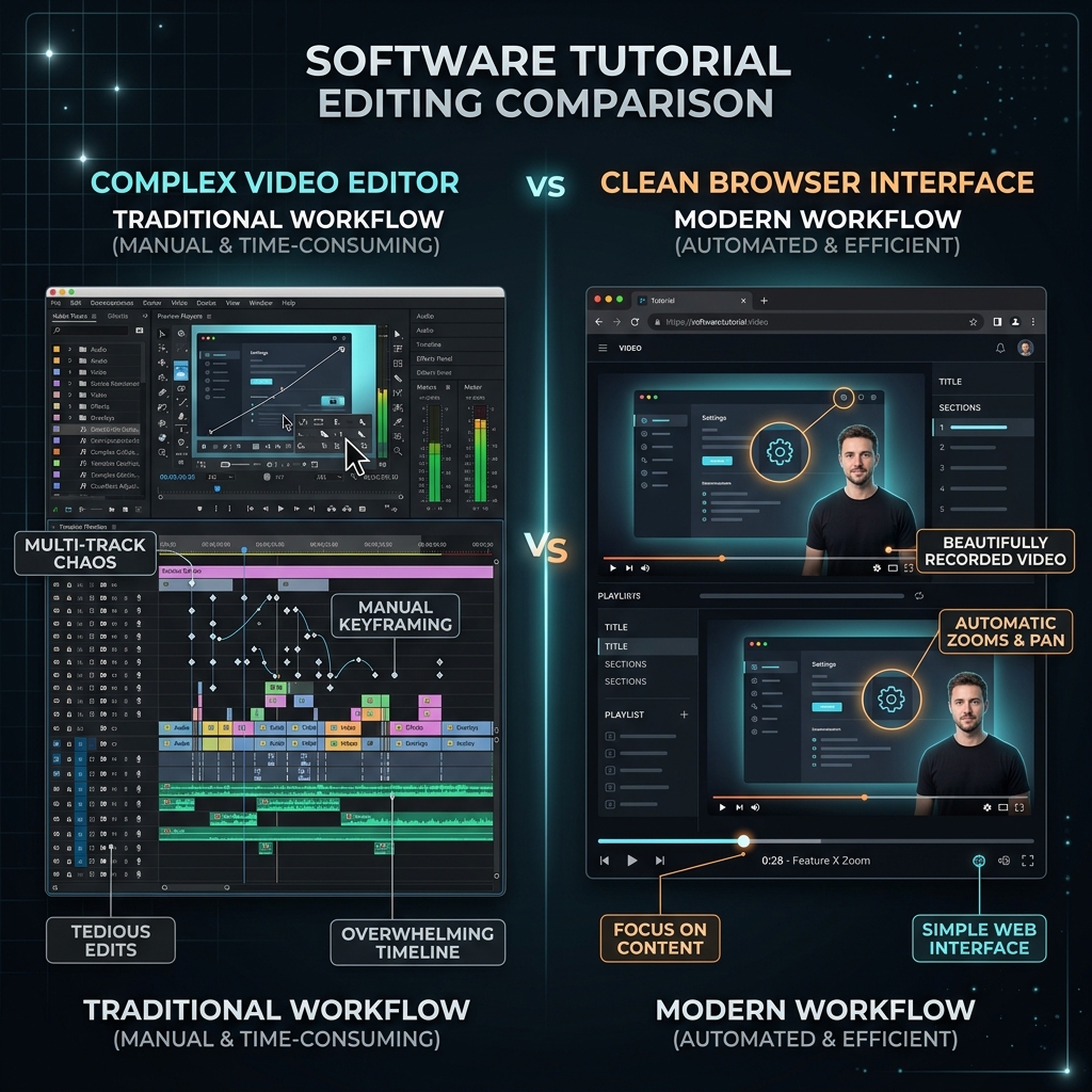 A sleek comparison graphic representing software tutorial editing. On the left side, a busy multi-track video timeline. On the right side, a clean and modern browser interface displaying a beautifully recorded video with automatic zooms.