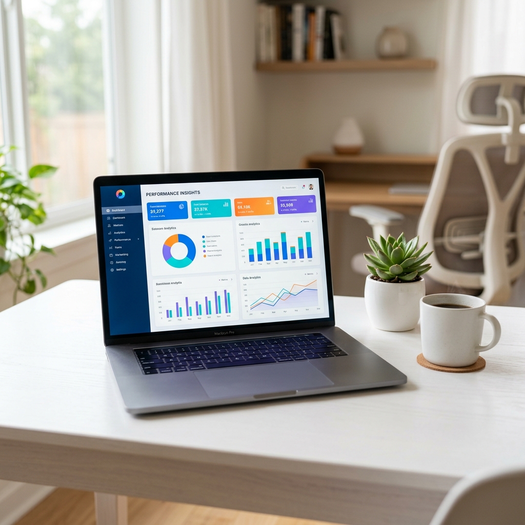 A modern workspace with a laptop open to Google Chrome displaying a cloud dashboard.