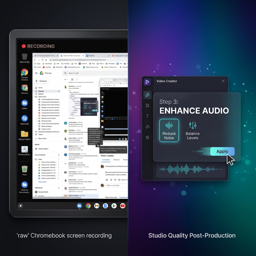 A side-by-side comparison showing a raw, cluttered Chromebook recording vs a premium, polished tutorial with auto-zoom