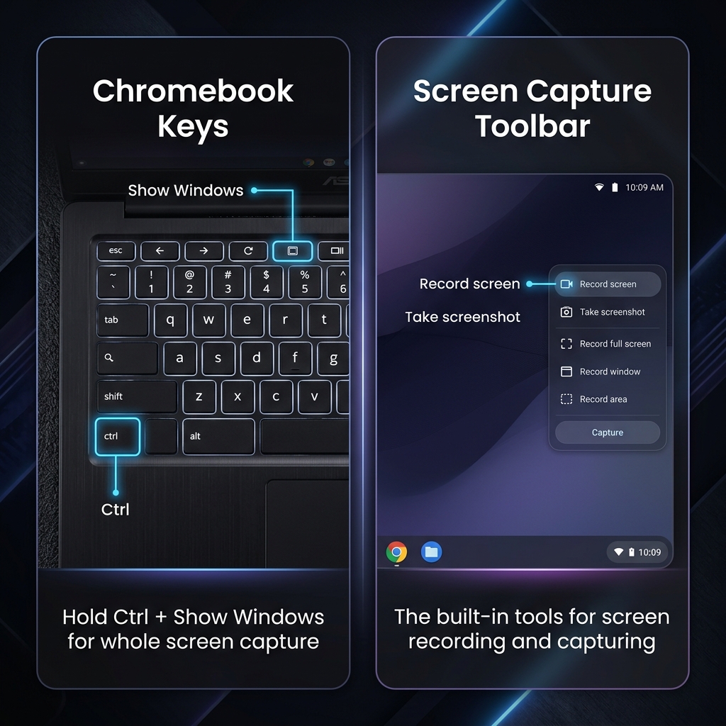 Side-by-side comparison of Chromebook keyboard keys and the Chrome OS screen capture toolbar.