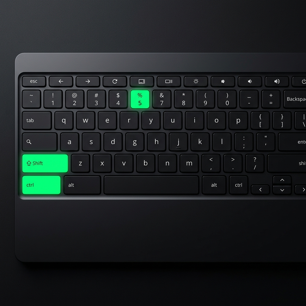 A visual guide to the Chromebook keyboard shortcut for screen recording: Shift + Ctrl + Show Windows