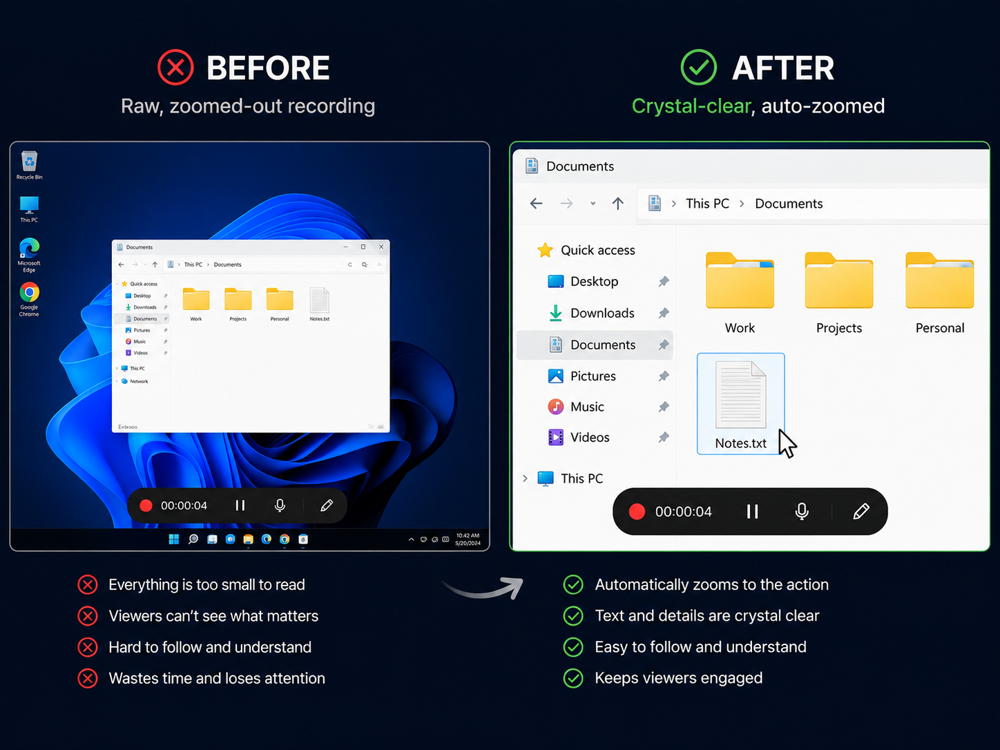 A side-by-side comparison of a raw, tiny-text web dashboard recording vs. a crystal-clear, automatically zoomed focus area.