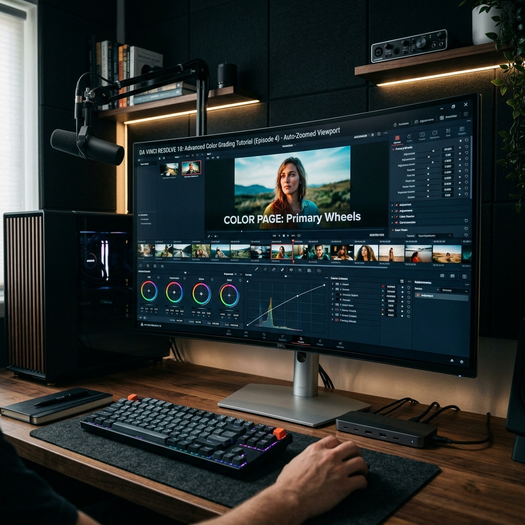 A sleek, premium, modern setup with a high-end desktop monitor showing a professional software tutorial with a beautifully auto-zoomed viewport, elegant dark theme, cinematic lighting.