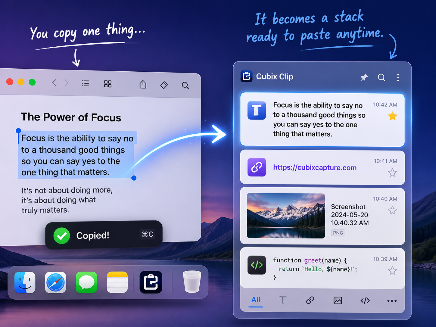 A software popup menu displaying a list of previously copied text snippets and images chronologically.