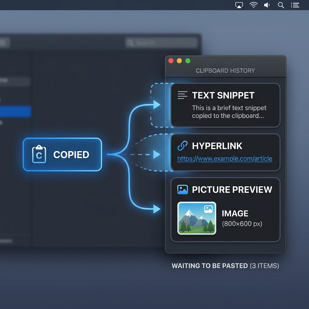 A clean graphic showing a single item being copied on a Mac, transforming into a stacked visual menu of three or four different items like a text snippet, a link, and a picture waiting safely to be pasted.