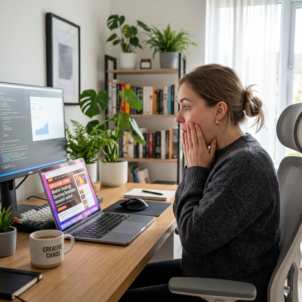 A person looking shocked at a Mac laptop screen with their hands to their face in surprise.