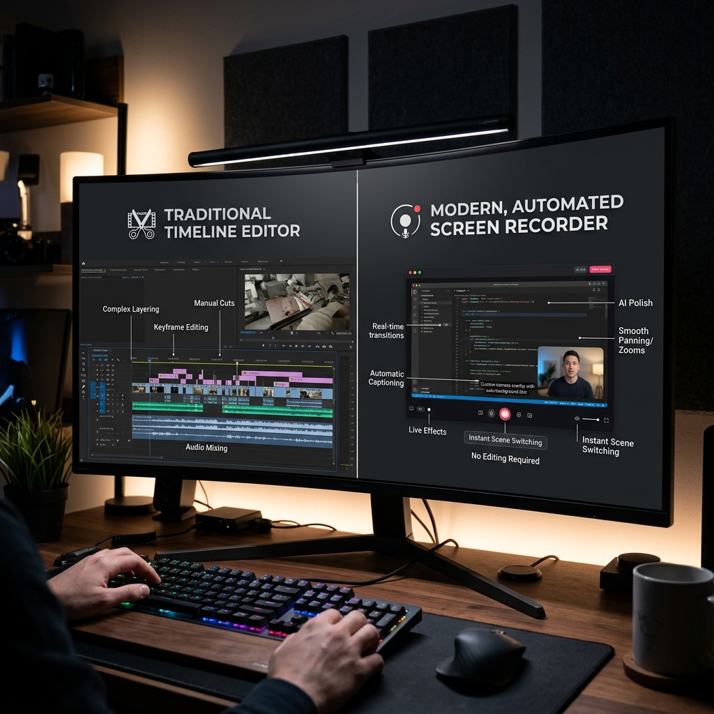 A modern workspace displaying a direct visual comparison of a traditional timeline editor stacked against a modern, automated screen recorder that applies real-time polish.