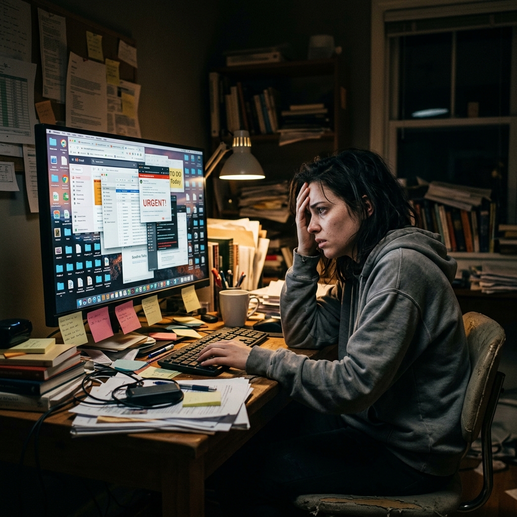 A person looking frustrated while staring at a very cluttered computer monitor
