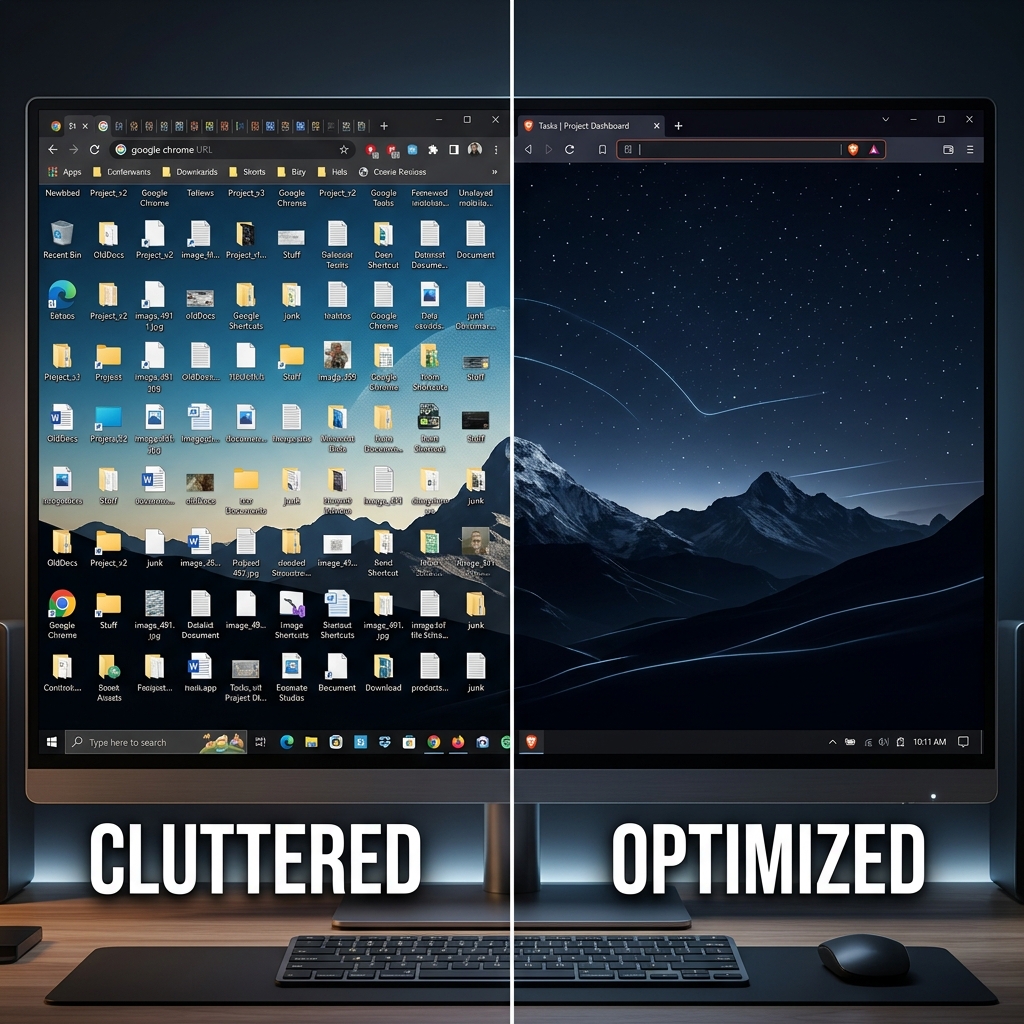 A split comparison between a cluttered desktop and a perfectly optimized recording environment