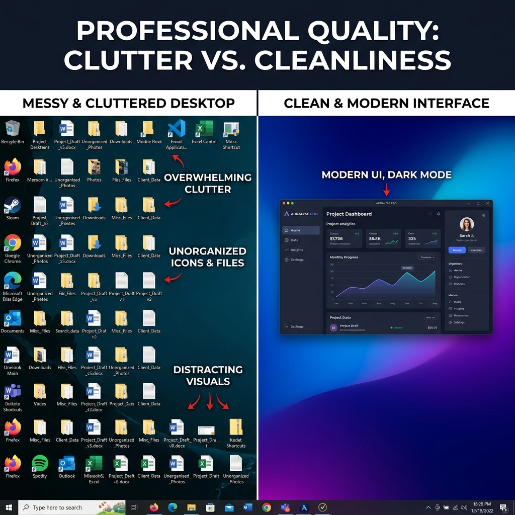 A side-by-side comparison of a cluttered desktop versus a clean software window over a gradient