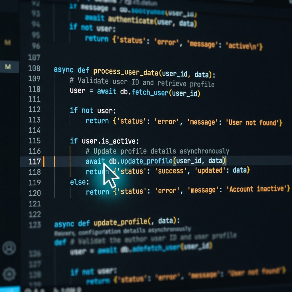 A tightly zoomed-in section of brightly colored code with a stylized, smooth cursor pointing at a specific logic block