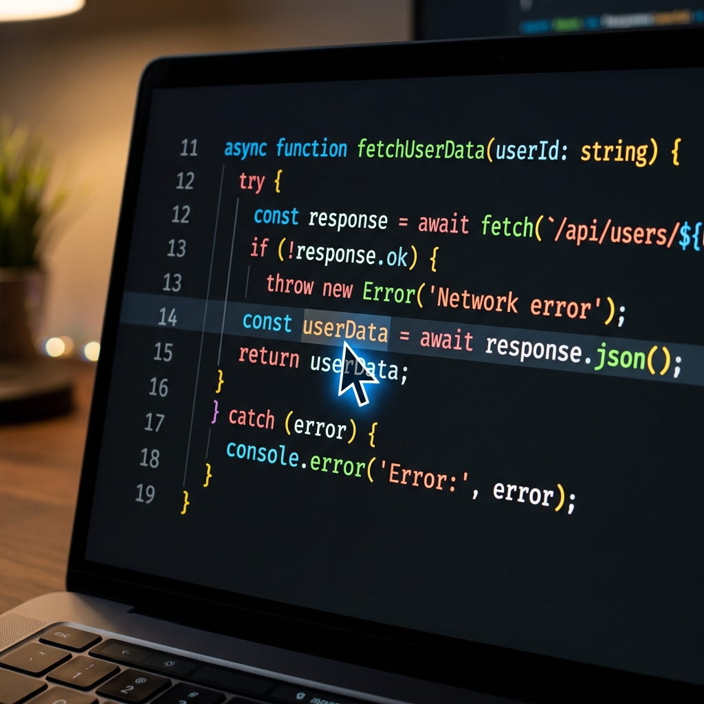 Close-up of a brightly colored code in dark mode with a smooth cursor pointing clearly at a specific variable
