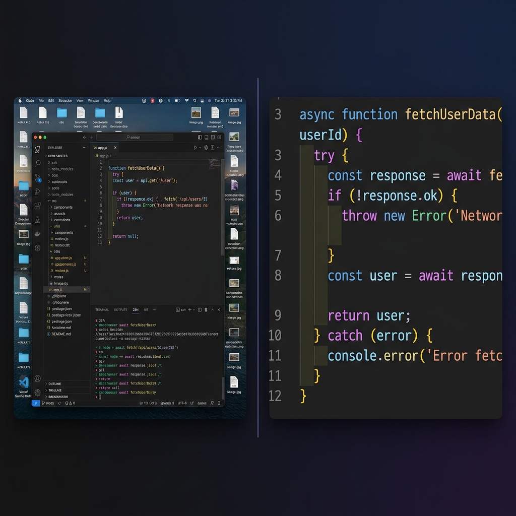 A split-screen visual comparing microscopic VS Code syntax vs a perfectly zoomed crisp shot of color-coded code