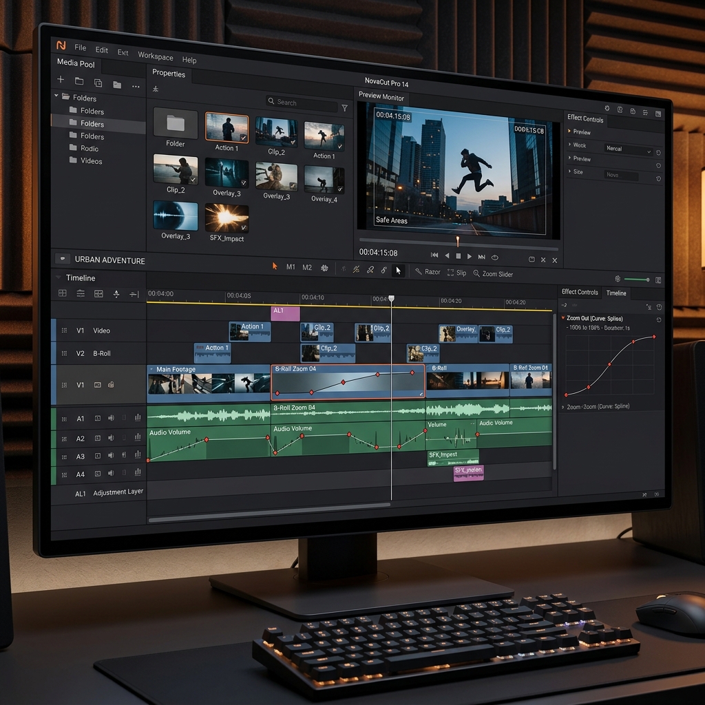 A multi-track video editing timeline with zoom keyframes on a large monitor, representing traditional post-production.