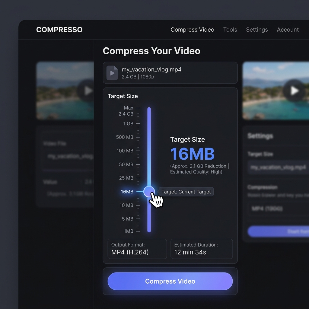 A stylized screenshot showing how to set a 16MB target size on a video compression website