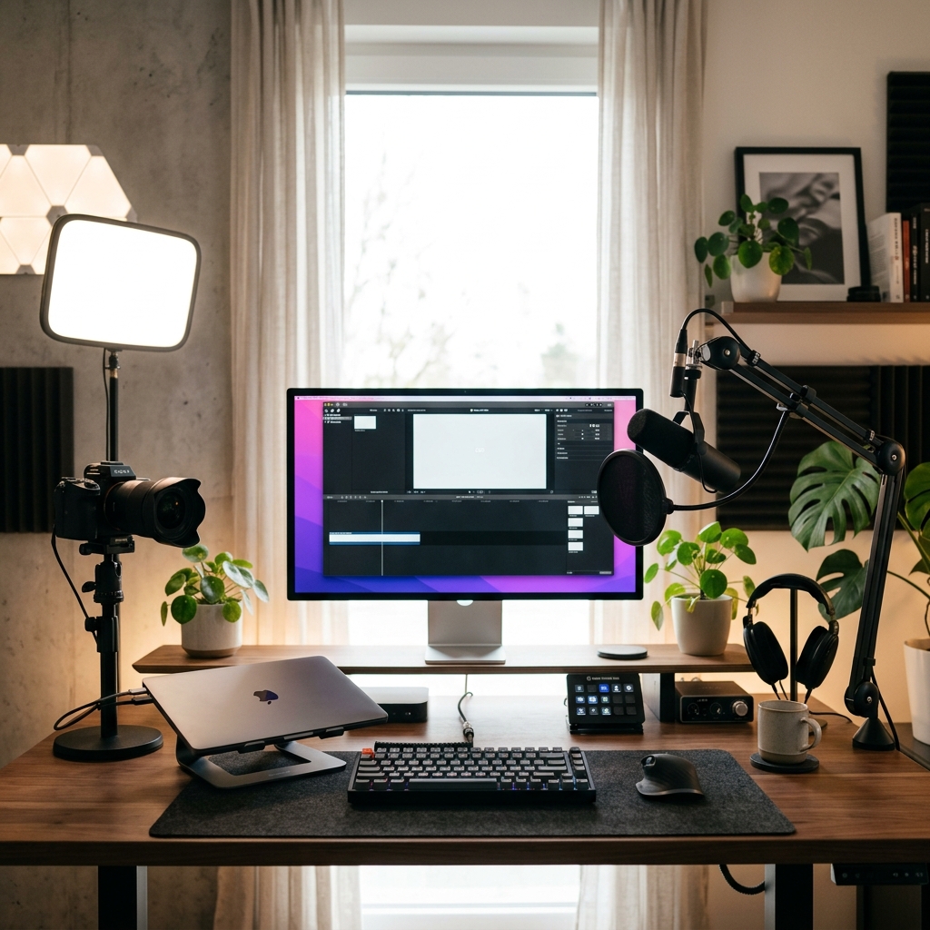A sleek, modern creator desk setup featuring a crisp external microphone on a boom arm, a mirrorless camera on a desk mount, a clean high-resolution monitor, and soft diffused lighting.