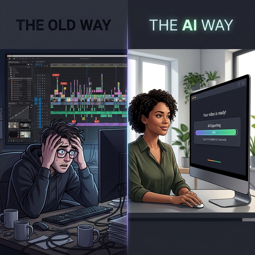 A split-screen comparison showing a frustrated creator in 2023 with a messy timeline vs a calm modern creator with an AI-generated video