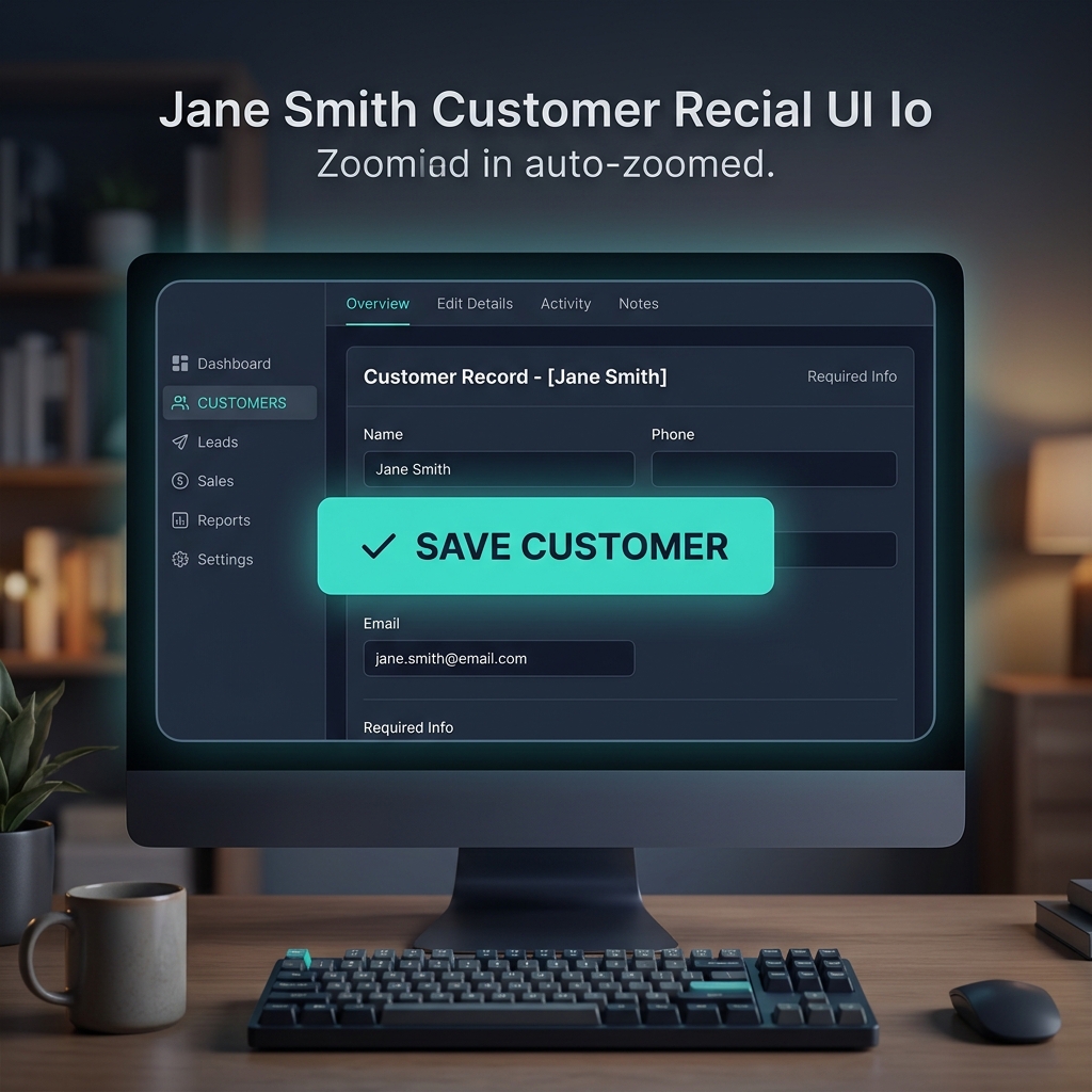 A graphic of an auto-zoomed CRM dashboard training video showing unmistakable navigation buttons