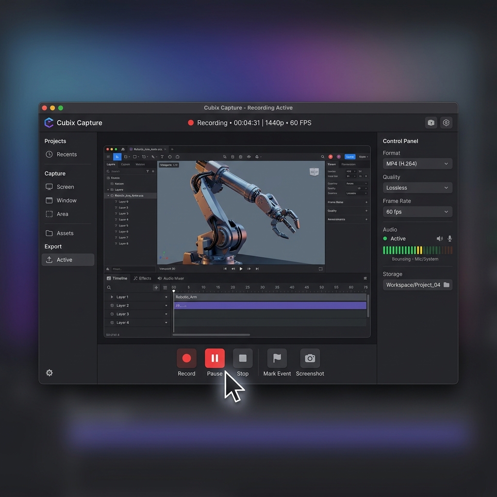 A polished studio screenshot showing Cubix Capture in action with auto-zoom and smooth cursor