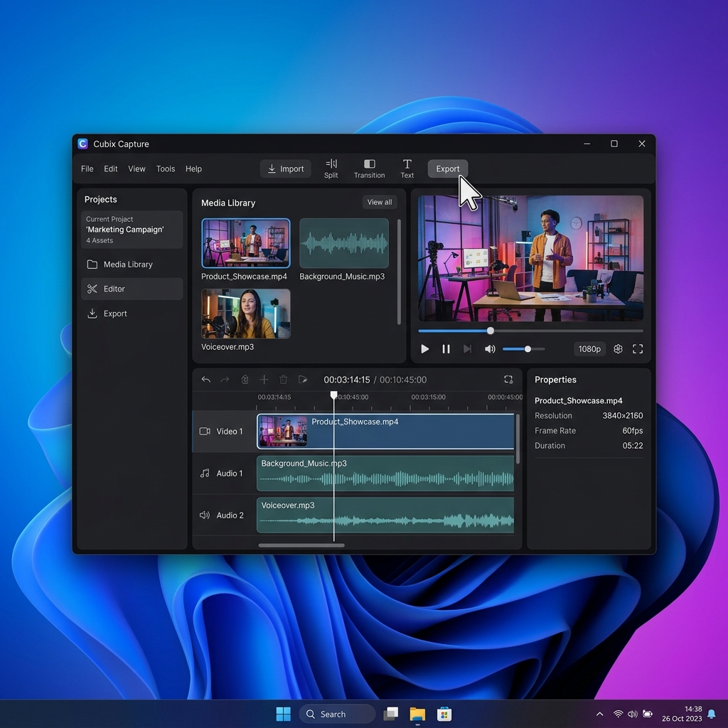 A polished studio screenshot showing Cubix Capture in action on Windows 11 with auto-zoom and smooth cursor