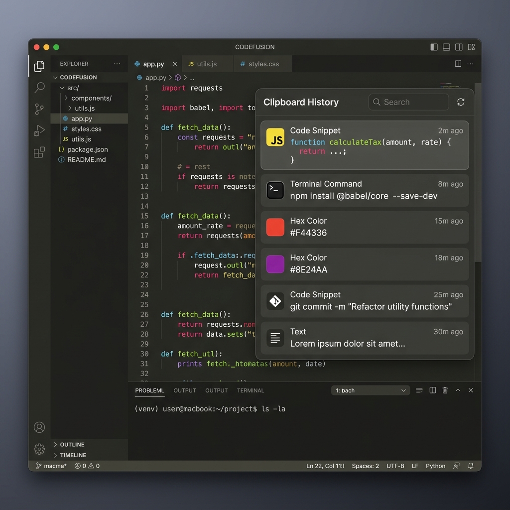A clean graphic highlighting a Mac keyboard Command key shortcut with a visual clipboard menu popping up.