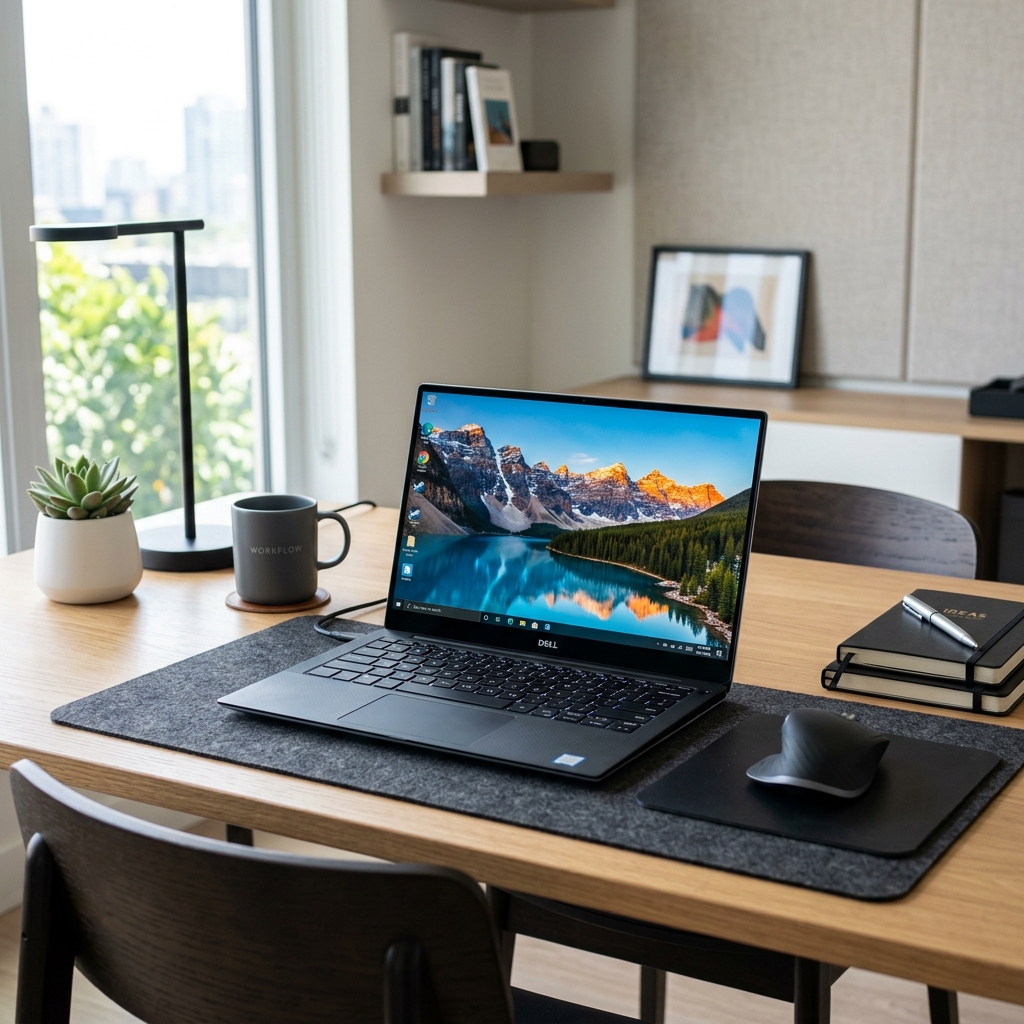 A well-lit workspace featuring a modern Dell laptop open on a desk, showing a clean desktop background.