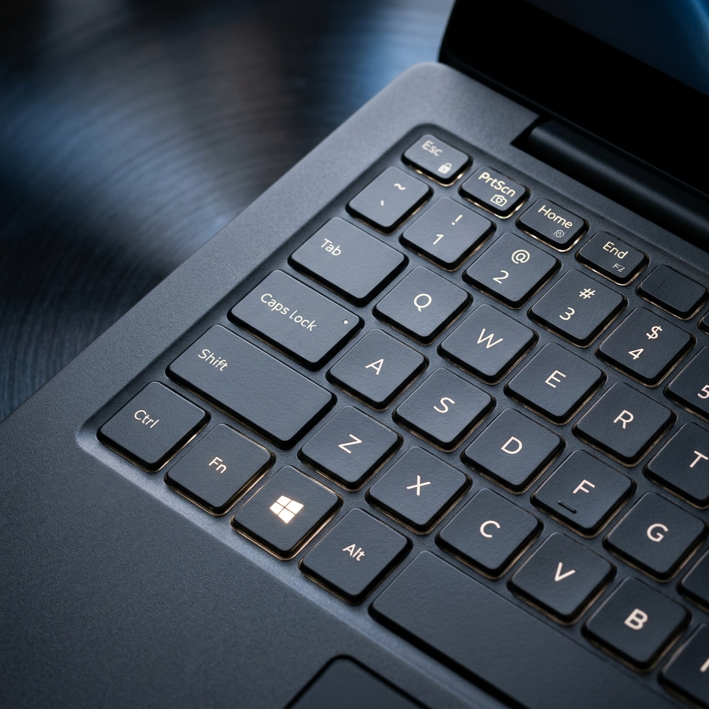 Close-up of a Dell laptop keyboard highlighting the Windows key, Fn key, and PrtScn key.