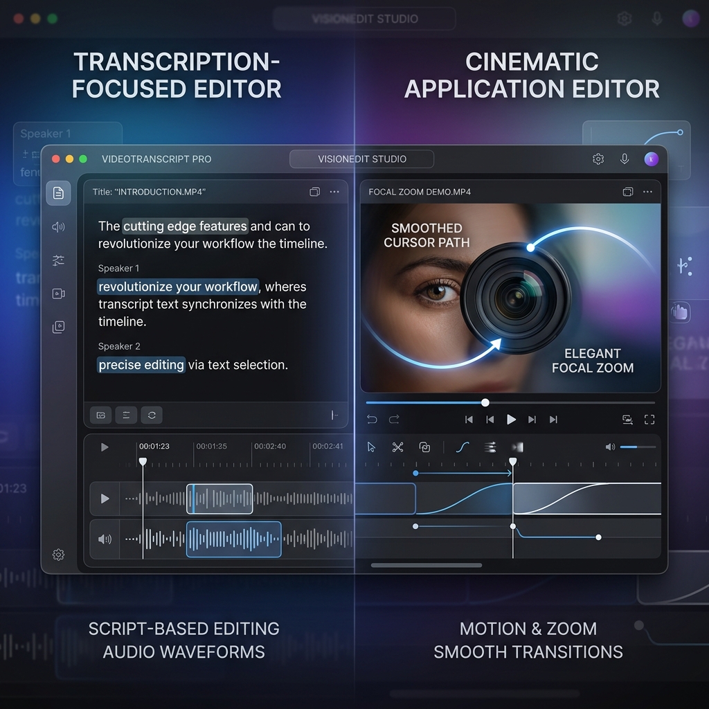 A sleek comparison graphic representing video editors. On the left side, a transcription-focused text editor interface displaying highlighted words and audio wave tracks. On the right side, a clean application window showing elegant focal zooms and smoothed cursor paths on a gradient background.