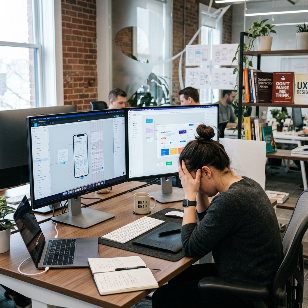 A UI designer looking frustrated at their desk with a design program open.